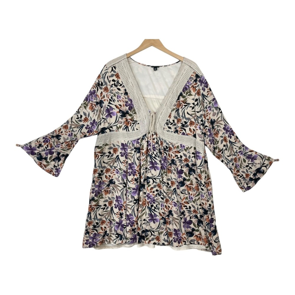 Torrid Top Women 4X Ivory Floral Babydoll Boho Crochet Lace-Up Lined Cottagecore